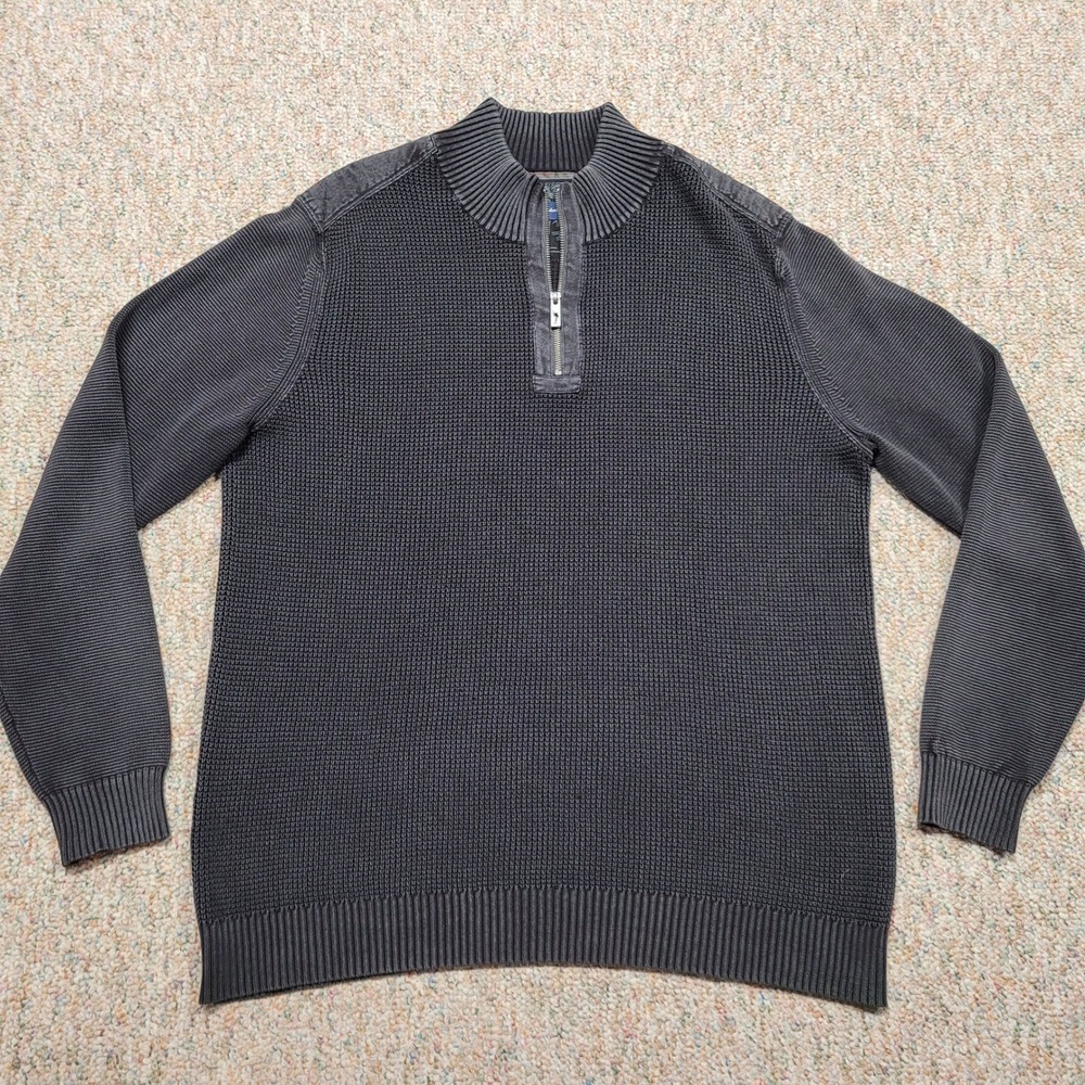 Tommy Bahama Sweater Mens 2XL Gray 1/4 Zip Waffle Knit Cotton Pullover Mock Neck